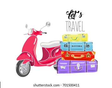 Hand drawn vector illustration - Let's travel. Suitcases and scooter.