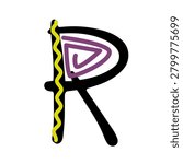 Hand drawn vector illustration of letter R in African ethnic organic style for alphabet design, typography, posters, and educational materials.