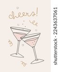 Hand Drawn Vector Illustration With "Cheers!” Lettering And Martini Glasses In Continuous Line Drawing Style. Simple Graphic Design Ideal For Carnival Party Poster, Invitation Or Greeting Card.
