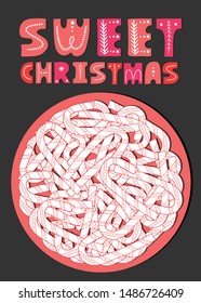 Hand drawn vector illustration. Lettering quote 'Sweet Christmas'.
Handwritten calligraphy winter holidays greeting card design. Xmas. Many candy.
