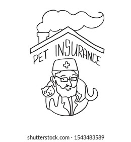 Hand drawn vector illustration and lettering. Happy vet doctor with a kitten on his shoulders. Under the roof of a cozy house. Good for pet insurance company advertisement poster.