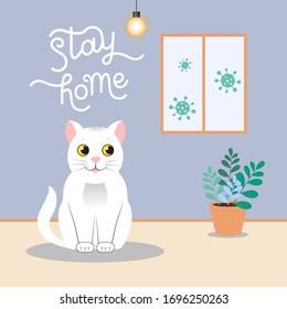 Hand drawn vector illustration with lettering quote "Stay home". The concept of quarantine and stay at home. Motivational poster. Stop coronavirus outbreak, COVID-19. Virus pathogens outside