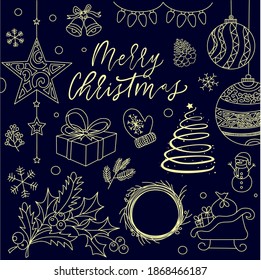 Hand drawn vector illustration. Lettering Merry Christmas and new Year's decorations. Isolated illustration 