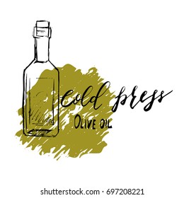 hand drawn vector illustration and lettering olive oil. olive bottle for olive oil labels, restaurant, natural products. perfect stickers and badges for your business