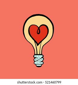 Hand drawn vector illustration of a light bulb with a heart. Valentine's day greeting card, print, poster. 