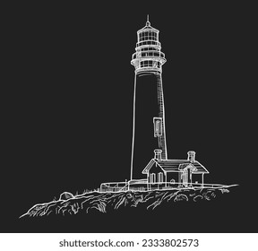 Hand drawn vector illustration - Lighthouse on the seashore isolated on black background