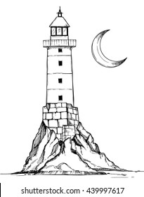 Hand drawn vector illustration - Lighthouse on the rock. Sketch style