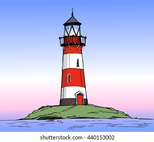 Hand drawn vector illustration - Lighthouse on the sea. Colorful background of Landscape nature