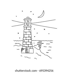 Hand drawn vector illustration lighthouse on sea coast, night sky, stars, moon glade, coloring page, template