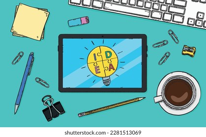 Hand drawn vector illustration of lighting bulb made from puzzles with idea word on tablet screen