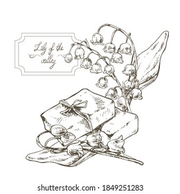 Hand drawn vector illustration of lily of the valley soap. Engraved herb for cosmetics, medicine, treating, aromatherapy, package design healthcare.