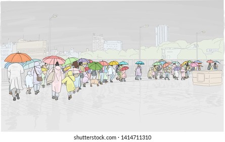 Hand drawn vector illustration. A line of people, children and adults, carry umbrellas as they walk along the street in the rain.