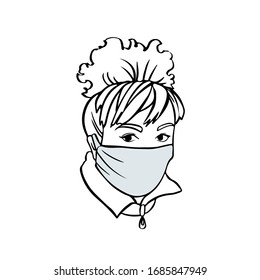 Hand drawn vector illustration, line art , girl with a face mask, EPS10