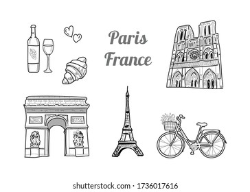 Hand drawn vector illustration - line drawing symbols of Paris, France: Eiffel Tower, Notre Dame Cathedral, Triumphal Arch on the Champs Elysees, wine, croissant and bicycle with flowers
