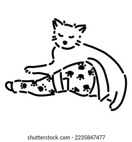 Hand drawn vector illustration of line drawing of injured cat with splinting leg isolated on white background.