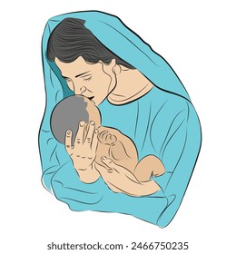 Hand drawn vector illustration, A line art of of mother and baby, A vector drawing of mother affection