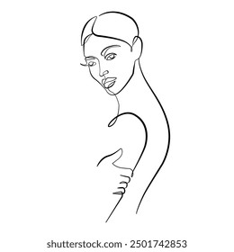 Hand Drawn Vector Illustration of Line Art Female Portrait. Elegant Woman Silhouette in Abstract Linear Style. Funny Cute Female Character for Minimalistic Fashion Design.
