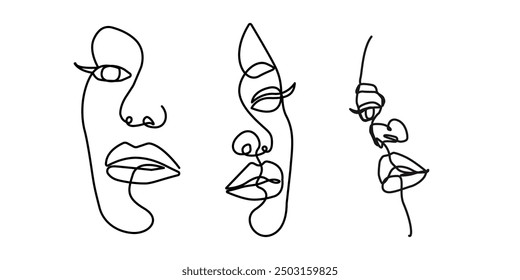 Hand Drawn Vector Illustration of Line Art Female Faces Set. Elegant Woman Silhouette in Abstract Linear Style. Abstract Female Head Portrait for Minimalistic Fashion Design.