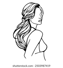 Ilustración vectorial dibujada a mano de retrato femenino de arte de línea. Silueta de mujer elegante en estilo lineal Abstractas. Personaje femenino lindo divertido para el diseño de moda minimalista.