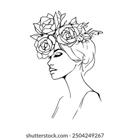 Handgezeichnete Vektorgrafik von Linie Kunst weibliches Porträt mit Blumen auf dem Kopf. Elegante Damen Silhouette im abstrakten linearen Stil. Lustiger süßer weiblicher Charakter für minimalistisches Modedesign.