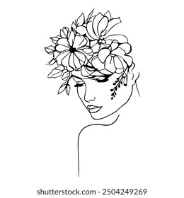 Hand Drawn Vector Illustration of Line Art Female Portrait with Flowers on Head. Elegant Woman Silhouette in Abstract Linear Style. Funny Cute Female Character for Minimalistic Fashion Design.