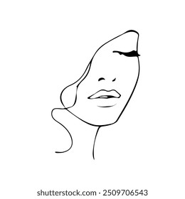 Hand Drawn Vector Illustration of Line Art Female Portrait. Elegant Woman Silhouette in Abstract Linear Style. Funny Cute Female Character for Minimalistic Fashion Design.