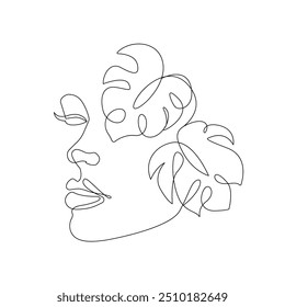 Hand Drawn Vector Illustration of Line Art Female Portrait. Elegant Woman Silhouette in Abstract Linear Style. Funny Cute Female Character for Minimalistic Fashion Design.