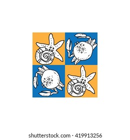 Hand drawn vector illustration of linear abstract crabs and starfishes on blue and orange background.