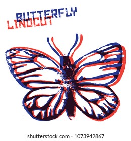 Hand Drawn Vector illustration. Linocut 
Stereo Butterflies on white Background