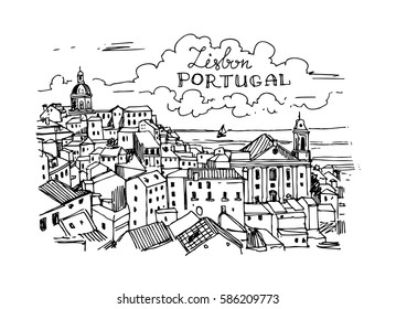 Hand drawn vector illustration Lisbon, Portugal. Sketch style. 