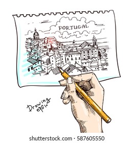 Hand drawn vector illustration Lisbon, Portugal. Sketch style. 