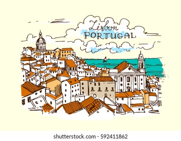 Hand drawn vector illustration Lisbon, Portugal. Sketch style. 