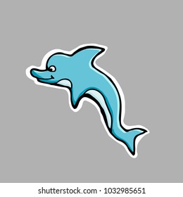Hand drawn vector illustration. Little cute dolphin. Sticker. Cartoon patch badges.