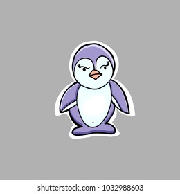 Hand drawn vector illustration. Little cute penquin. Sticker. Cartoon patch badges.