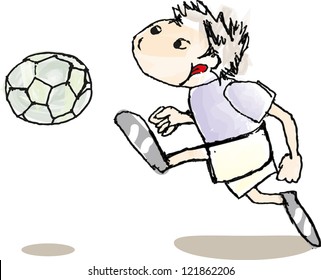 Hand drawn vector illustration of a little boy playing football, soccer and kicking the ball isolated on a white background