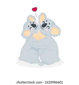 Hand drawn vector illustration of little koalas bears couple wich hugs each other. Cartoons art of cute little koalas. Isolated on white background.  Happy koalas bears hugs in childish style.