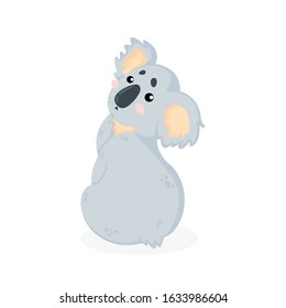 Hand drawn vector illustration of a little shy koala bear in cartoons style. Isolated on white background. Cute little koala sitting and think in childish style. 