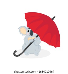 Hand drawn vector illustration of a little koala bear sitting under an red umbrella in cartoons style. Stock image isolated on white background. Cute funny koala and red umbrella in childish style. 