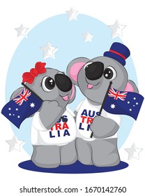 Hand drawn vector illustration of little koalas bears couple with australian flag. Cartoons art of cute little koalas. Isolated on white background. 