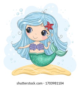   Hand drawn vector illustration with little mermaid cute print