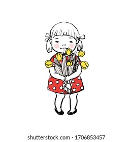 Hand drawn vector illustration of little cute girl with yellow flowers in retro style.
