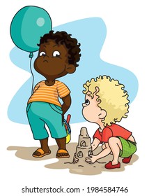 Hand drawn vector illustration. Little boy is building a sand castle. Greedy boy with balloon is looking angrily