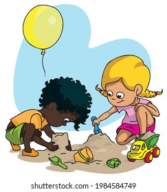 Hand drawn vector illustration. Little boy is building a sand castle. Little girl is digging in the sand