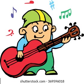 Hand drawn. Vector illustration. Little boy playing guitar. Isolated objects. 
