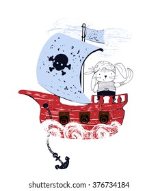 Hand drawn vector illustration of little pirate rabbit in pirate ship/baby pirate/cute bunny/can be used for kid's or baby's shirt design/fashion print design
