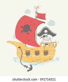 Hand drawn vector illustration of little pirate baby bear in pirate ship.  teddy bear. baby bear. can be used for kid's or baby's shirt design. fashion print design