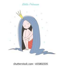 Hand drawn vector illustration of a little sleeping princess with long hair in a crown, sitting, with text Little princess. Isolated objects on white background. Design concept for girls.