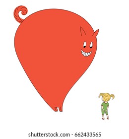 Hand drawn vector illustration of a little girl with pig tails meeting a very big smiling monster. Isolated objects on white background. Design concept for children.