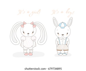 Hand drawn vector illustration of a little smiling bunny boy in shorts and girl with bows, text It's a boy, It's a girl. Isolated objects on white background. Unfilled outline. Design concept kids