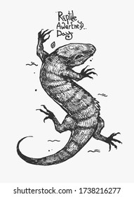 Hand drawn vector illustration with lizard. Graphic handmade illustration. Lizard isolated from background. 21st October will be Reptile Awareness Day